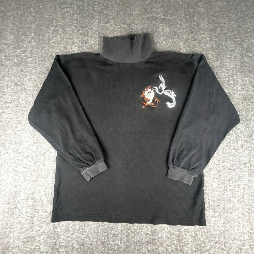 Acme Looney Tunes Bugs Bunny Taz Mock Neck Sweatshirt Mens Sz M Black VTG 90s